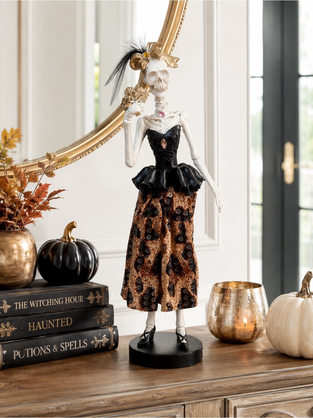 Bella Lux Halloween Skeleton Lady Leopard Sequin Dress Masquerade Figurine
